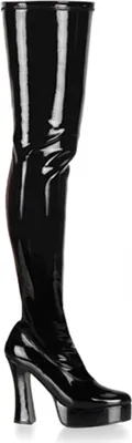 A single black, shiny, thigh-high boot with a platform and a thick heel, shown against a white background.