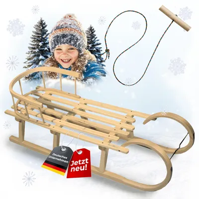 Produktbild von BAMBINIWELT Hörnerrodel Holzschlitten mit RÜCKENLEHNE Zugseil Schlitten 120cm