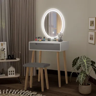 Produktbild von Puluomis Schminktisch Holz  mit Schublade Frisiertisch mit Spiegel Kosmetiktisch mit Beleuchtung 60 cm breit klein weiß grau