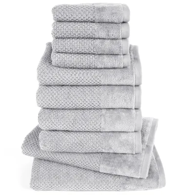 Produktbild von Pure Label 10-TLG Handtücher Set aus Baumwolle - 2x Badetuch 70x140 cm 4x Handtuch 50x100 cm 2x Gästetuch 30x50 cm 2x Waschlappen 16x21 cm, Hellgrau