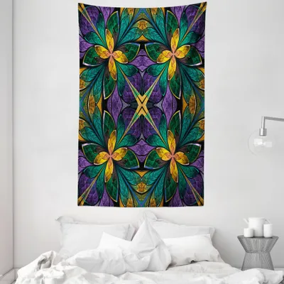 Produktbild von ABAKUHAUS Blumen Wandteppich und Tagesdecke, Antique Fensterstil aus Weiches Mikrofaser Stoff Waschbar ohne Verblassen Digitaldruck, 140 x 230 cm, Lila Grün