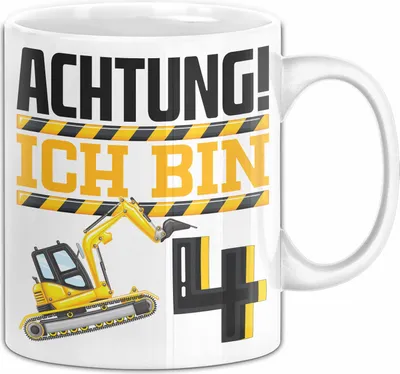 Produktbild von 4. Geburtstag Geschenk Tasse Becher Jungs Baustelle Geburtstagsgeschenk Achtung Ich Bin 4 (Weiß)