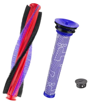 A vacuum cleaner brush roll and filter are displayed against a white background.