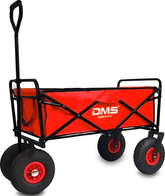 A red collapsible wagon with black frame and wheels, shown from a side-angle.