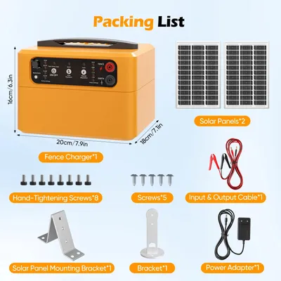 Obrázek produktu pro Solární elektrický plot – dosah až 30 km – nastavitelná intenzita 0,3–1,5 J – solární panel 15 W – pro hospodářská zvířata a drůbež – ochrana proti hlodavcům – žlutá barva