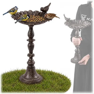 Produktbild von KADAX Stehende Vogeltränke aus Gusseisen, 45 cm Höhe, Wassertränke stehend mit Standfuß, Wasserschale für Garten, Terrasse & Balkon, Vogelbad für Wildvögel