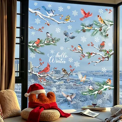 Image de Décorations de fenêtre, thème hiver, oiseaux, flocons de neige, lot de 9 pièces