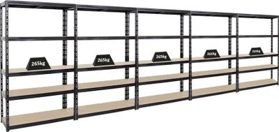 Produktbild von Mega Deal | 5x Schwerlastregal Giant Tiger | HxBxT 200x120x40cm | Fachlast 265kg | 5-Ebenen | Schwarz | Garagenregal, Lagerregal, Steckregal, Kellerregal, Werkstattregal