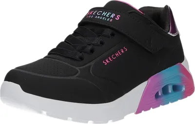A single black sneaker with pink and blue accents on the sole.