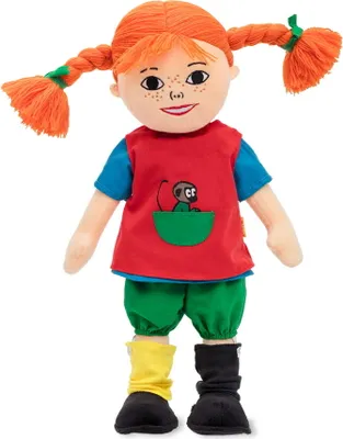 A plush doll of Pippi Longstocking standing against a white background.