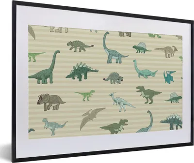 Produktbild von MuchoWow® Gerahmtes Poster Dinosaurier - Braun - Grün - Jungen - Mädchen - Kinder 60x40 cm - Poster mit Schwarzem Bilderrahmen Wandposter Rahmen Foto Bilder - Schlafzimmer - Plakat in Rahmen - Drucken