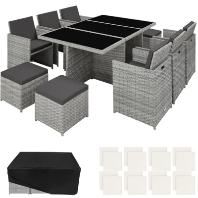 Image de Ensemble de salon en rotin et aluminium New York 6+4+1 avec housse de protection - gris clair