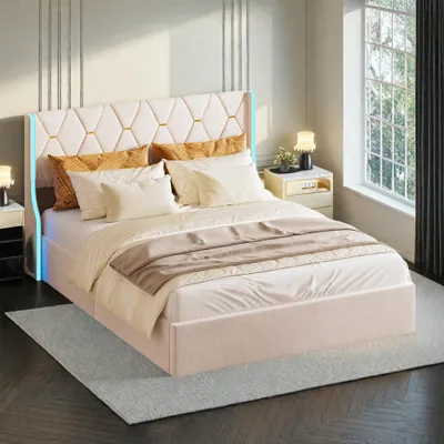 Produktbild von ProximaX Polsterbett mit LED Beleuchtung, Hydraulisches Bett 160 x 200 cm, Polsterbett, Bettgestell mit Lattenrost, bequem, für Schlafzimmer, Gästezimmer, Beige