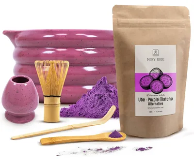 Produktbild von Mary Rose - Purple Matcha Set Ube Pulver 50g - Keramik Schale Beri 500ml mit Ausguss Lila - Bambus Zubehör- Besen, Löffel & Halter