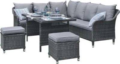 Produktbild von Terrassenmöbel Kreta 8-Sitzer Lounge Set mit Tisch, 2 Hockern und 2 Sofas, Glasplatte
