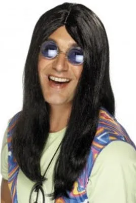 Produktbild von Hippie Herren Perücke Schwarz 70er Jahre Dude Flower Power Haare Langhaarperücke