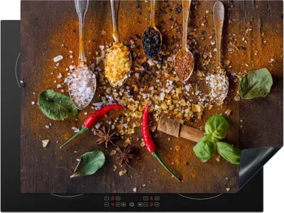 Produktbild von KitchenYeah© Herdabdeckplatte Löffel - Kräuter - Chili - Gewürze - Salz , 70x52cm, Küche Deko, Glaskeramikkochfeld Herdabdeckung, Abdeckplatte fùr Kochfeld