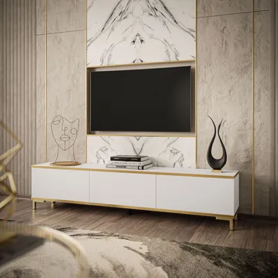 Produktbild von RTV Schrank OXFORD 175 cm, Weiß / weiß matt + gold, Beine: Gold
