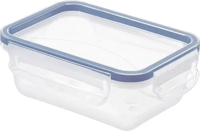 A clear, well-lit studio shot of a rectangular transparent food storage container with a blue lid.