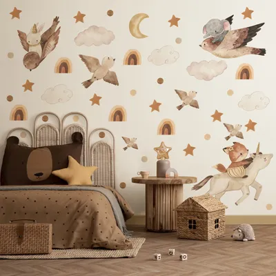 Produktbild von Muralo Wandtattoo Wandsticker für Kinder TIERE Vögel Fuchs Kaninchen Elefant Einhorn Wolken Regenbogen Sterne Mond Br. 60cm x Hö. 30cm
