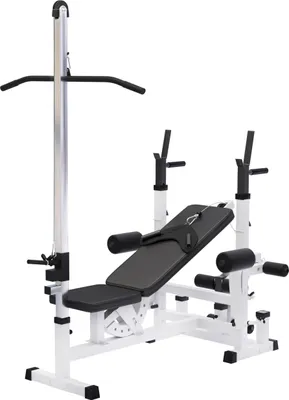 Produktbild von GORILLA SPORTS® Kraftstation - Hantelbank mit verstellbare Hantelablage, Latzugturm, Butterfly, Beincurler, Weiss - Trainingsbank, Fitnessstation, Trainingsstation