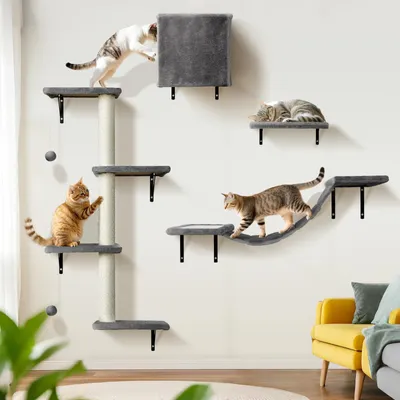 Produktbild von Kletterwand für Katzen, 10-teiliges Katzenkletterwand-Set mit Hängebrücke, Katzenhängematte, Kratzsäulen und Katzenhöhle