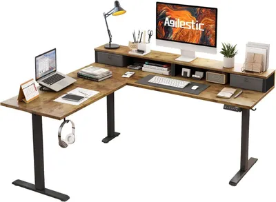 Produktbild von L-förmiger elektrischer Stehschreibtisch mit 2 Schubladen 160 cm höhenverstellbar Eckschreibtisch Rustikales Braun
