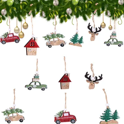 12 Holz-Weihnachtsanhänger, 3 Farben, Hängedeko für Baum & Wand