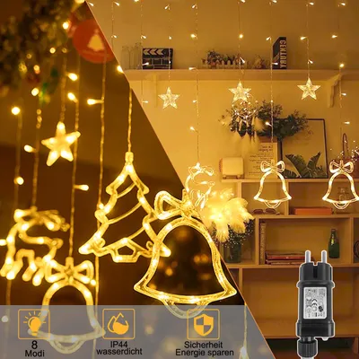 Obrázok produktu pre Vianočné LED osvetlenie XINZI – 138 LED diód, IP44, 3 m kábel, hviezdy a vianočné motívy, 8 režimov, teplá biela, zástrčka