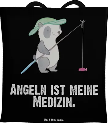 Produktbild von Mr. & Mrs. Panda Tragetasche Panda Angeln - Schwarz - Geschenk, Tote Bag, Angelsport, Angler, Hobbyangler, Tasche, Laptoptasche, festivaltasche, gehen, Shopping