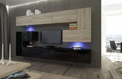 Obrázok produktu pre Furnitech Obývacia stena - Nábytok do obývačky s LED RGB - 16 farieb - Moderná závesná stena - Police a TV skrinka (Albánsko AN3-17BS-HGM31 1A)