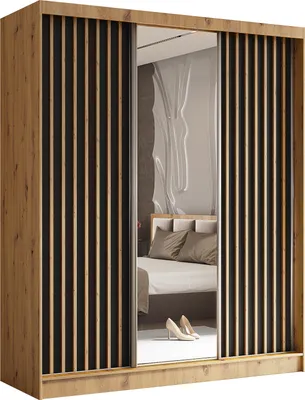Produktbild von Masseno Schiebetürenschrank LAMELLO 180 cm Kleiderschrank Schlafzimmer Schrank 3-türig mit Spiegel und Lamellen Eiche Artisan