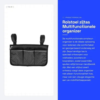 Productafbeelding van Rolstoel Zijtas - Multifunctionele Organizer - Opbergtas voor Rollator - Hangende Tas - Armsteun - Zwart - Geschikt voor Ouderen