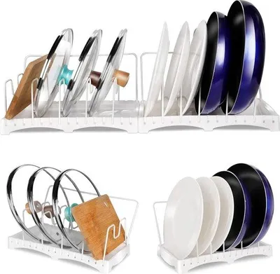 Image de Organiseur de rangement pour la cuisine, extensible, 10 étagères, 2 poignées, antidérapant, blanc