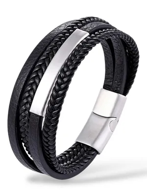 Produktbild von Armband Herren Leder Edelstahl Magnetverschluss Schwarz Silber 20,5 Cm Lang