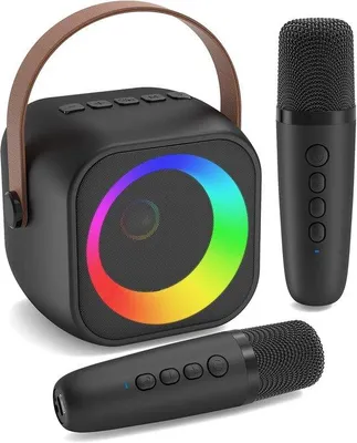 Productafbeelding van Karaokeset met 2 draadloze microfoons, zwart, met feestverlichting, geschikt voor kinderen en volwassenen, en voor familiefeesten.