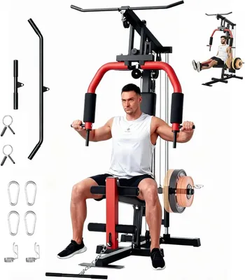 Produktbild von Multifunktionales Home Gym - Kraftstation - Kabelzug-System - 180 kg Gewichtsbelastung - Brustpresse, Latzug, Beinstrecker - Ganzkörperkrafttraining - 146x110x205 cm