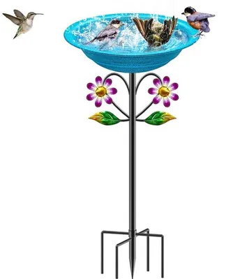 Image de Bain d'oiseaux en métal avec support à 5 branches, bleu, pour le jardin