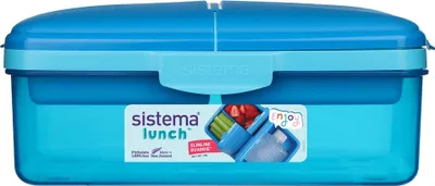 Zdjęcie produktu dla Sistema® Lunch™ Quaddie Box 1,5 l z 3 przegródkami z klapką i butelką do picia, niebieski