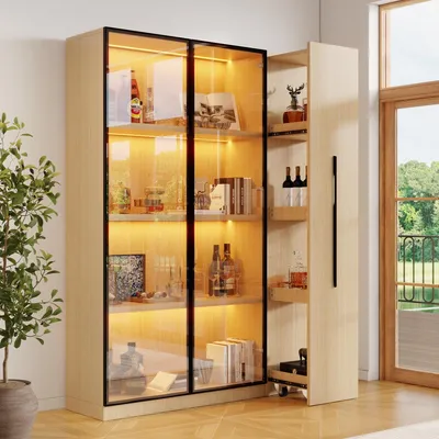 Produktbild von Multifunktionsschrank 110x35x160cm Vitrine mit Glastür LED Seitenauszug Rollschrank Hochschrank Esszimmerschrank Bücherregal MDF Eiche Oak