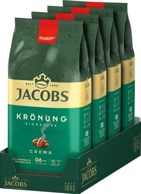 A display box of JACOBS Krönung Crema coffee beans.