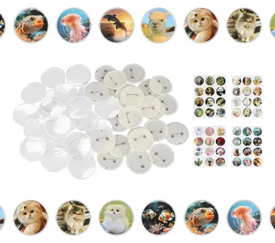 Immagine prodotto di Set per creare bottoni personalizzati, 48 pezzi, diametro 55 mm, acrilico trasparente, metallo, ideali per creare spille personalizzate