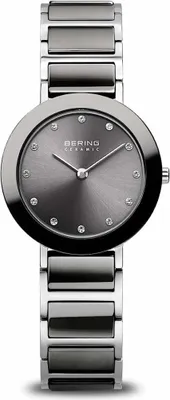 A Bering ceramic women's watch with a gray dial and diamond markers on a white background.