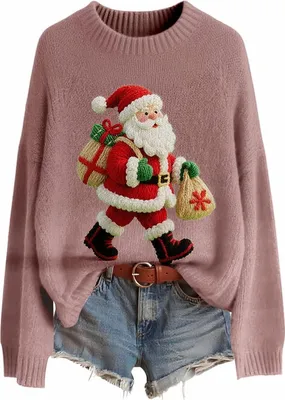 Produktbild von ASKSA Damen Weihnachtspullover,Strickpullover Rundhals Pulli Sweater Herbst Winter Warm Strickpulli Weihnachtspulli (B-Rosa,L)