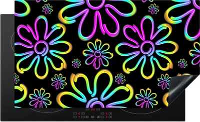Produktbild von KitchenYeah© Herdabdeckplatte Blumen - Neon - Muster - Psychedelisch , 91x52cm, Küche Deko, Glaskeramikkochfeld Herdabdeckung, Abdeckplatte fùr Kochfeld
