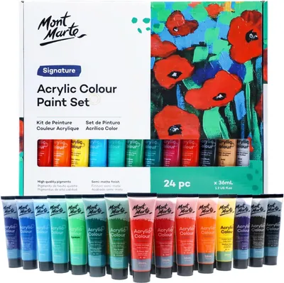 Produktbild von Mont Marte Acrylfarben Set – 24 Farben x 36ml Tuben – Ideal für Acrylmalerei & kreative Projekte – Brillante Lichtechte Farben mit großer Deckkraft