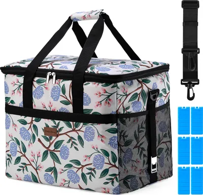 Produktbild von Packaway 4-lagige isolierte Kühltasche – Lunchtasche 40 Liter – Weiß mit Blumenmuster