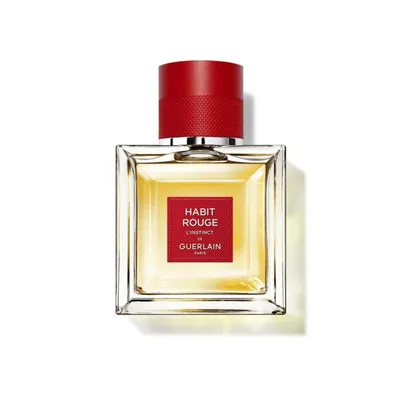 A product shot of a bottle of Guerlain Habit Rouge L'Instinct Eau de Toilette for men.
