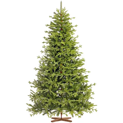 A full shot of a green artificial Christmas tree on a white background.