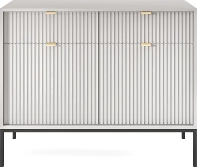 A front view of a gray cabinet with fluted doors and gold handles, set against a white background.
